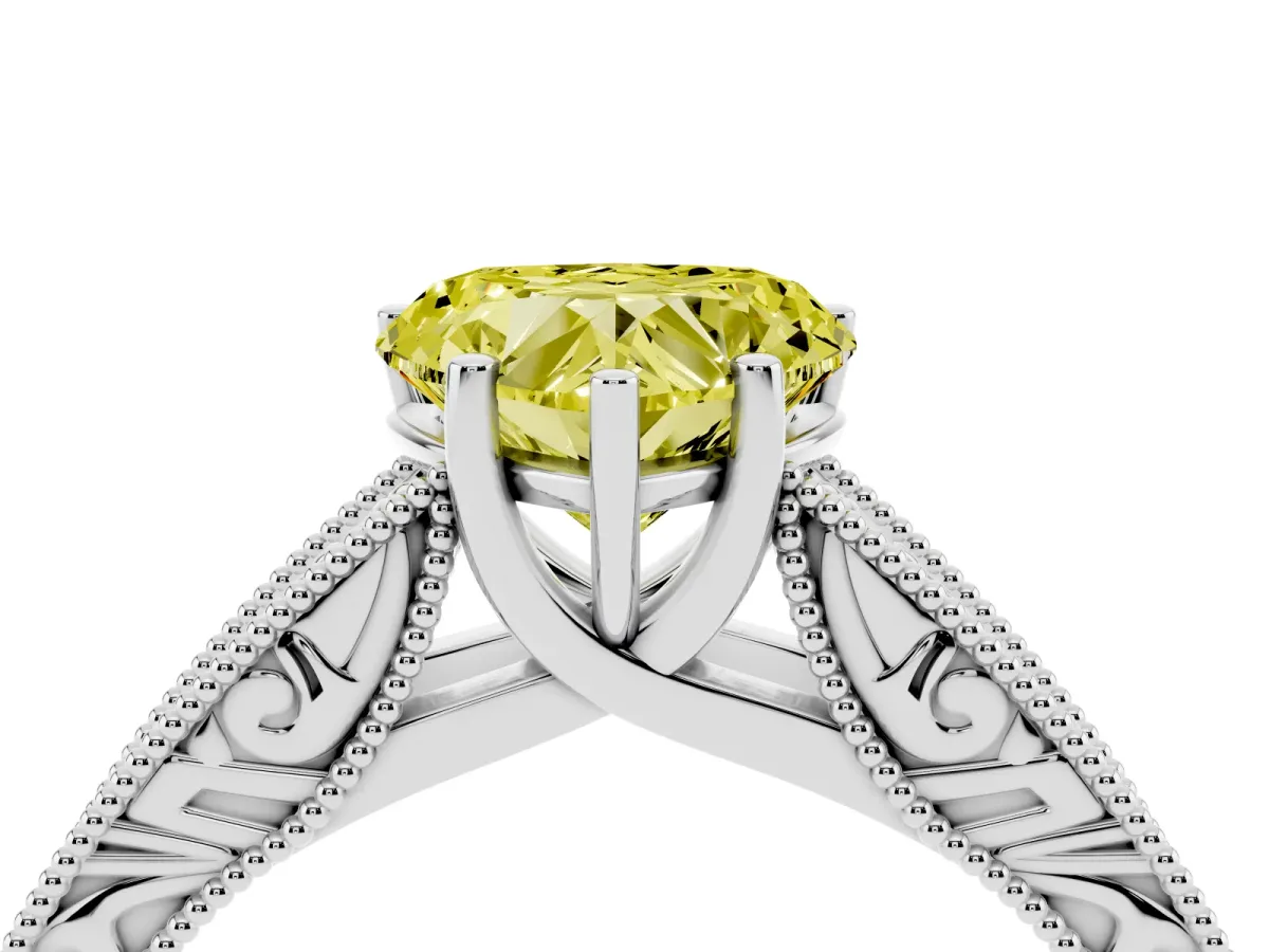 Fancy Yellow Heart Cut Diamond Solitaire Ring with Engraved Band and Four-Prong Setting White gold