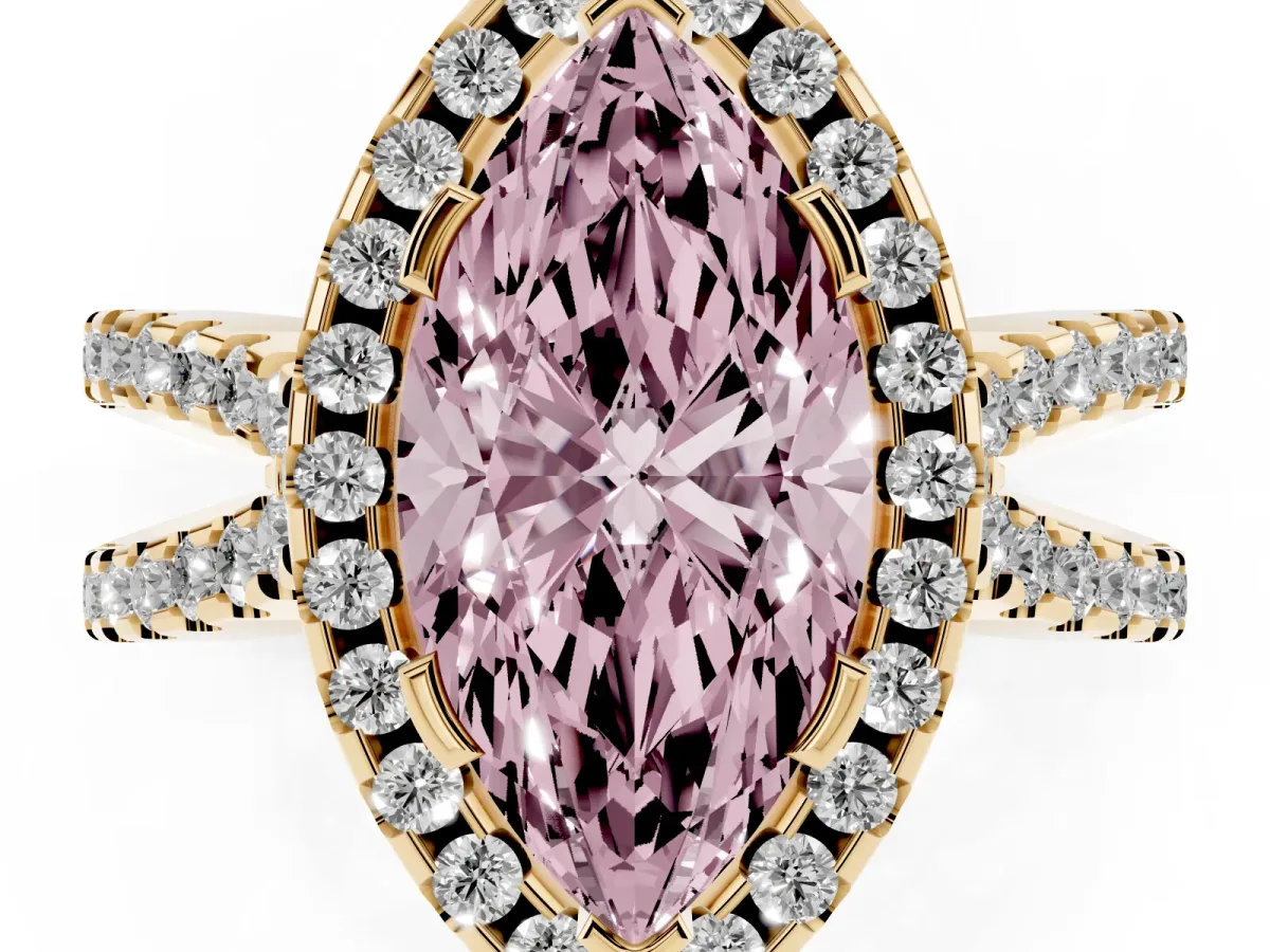 Fancy Pink Marquise Cut Diamond Halo Ring with Split Shank Pavé Band and Prong Setting Yellow gold