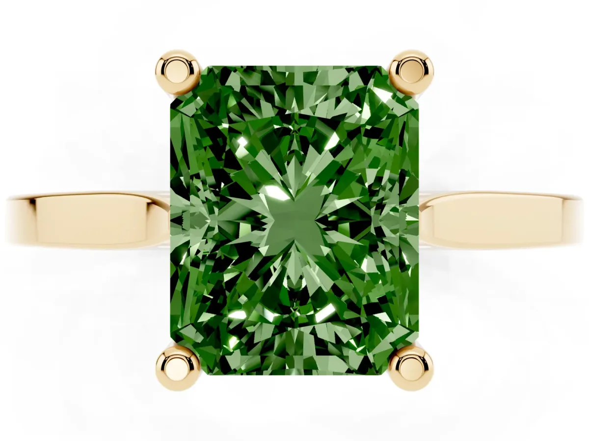 Fancy Green Radiant Cut Solitaire Diamond Ring with Four-Prong Setting and Tapered Band Yellow gold