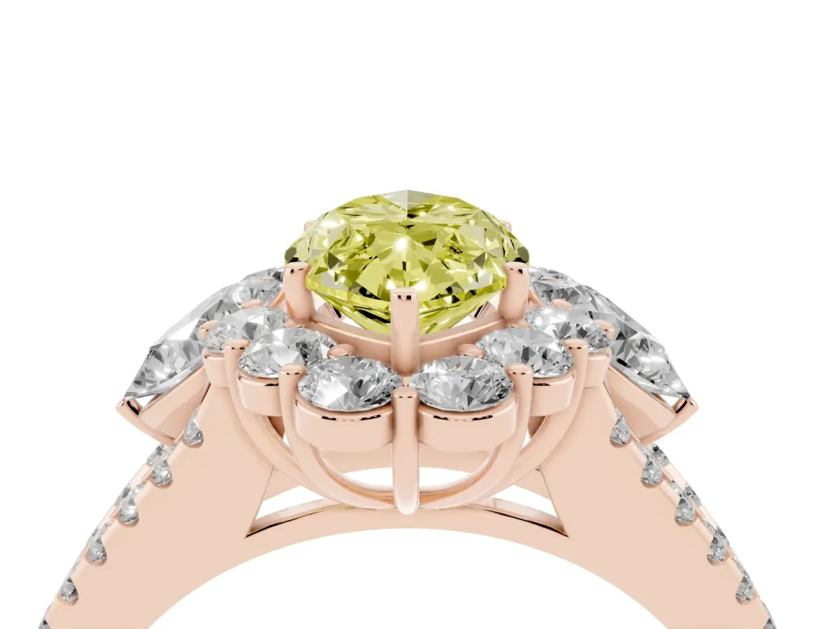 Fancy Yellow Marquise Cut Halo Split Shank Diamond Engagement Ring with Prong Setting Rose gold