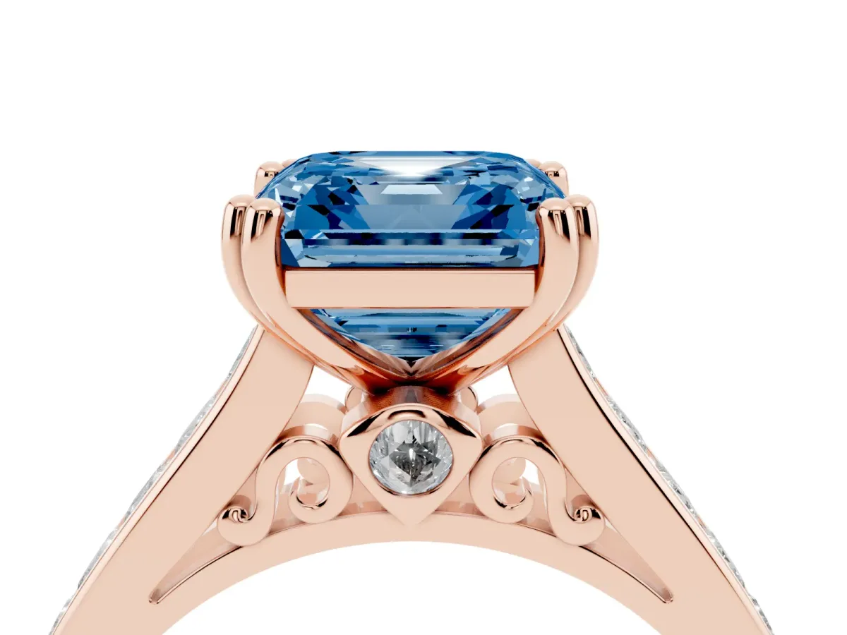 Fancy Blue Asscher Cut Cut Channel Set Solitaire Engagement Ring with Prong Setting Rose gold