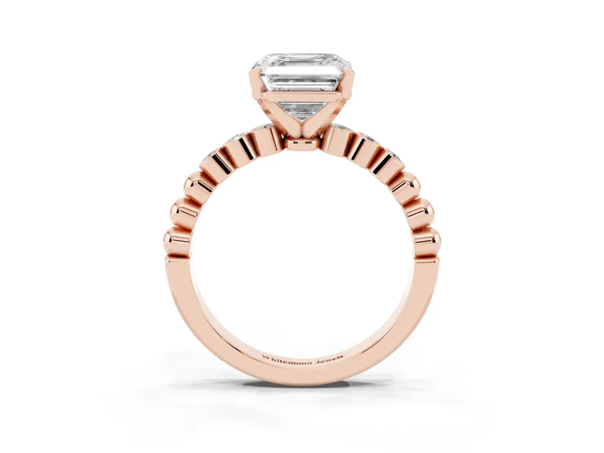 Asscher Cut Solitaire Bezel Accent Diamond Engagement Ring with Beaded Band and Four-Prong Setting Rose gold