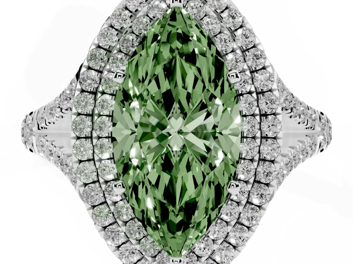 Fancy Green Double Halo Marquise Cut Diamond Split Shank Engagement Ring with Four-Prong Setting Silver