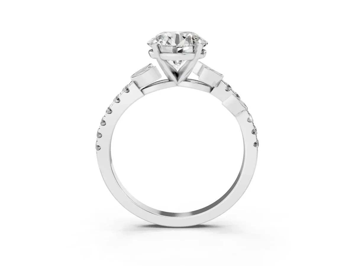 Round Cut Solitaire Leaf-Inspired Diamond Ring with Pavé Band and Four-Prong Setting Silver