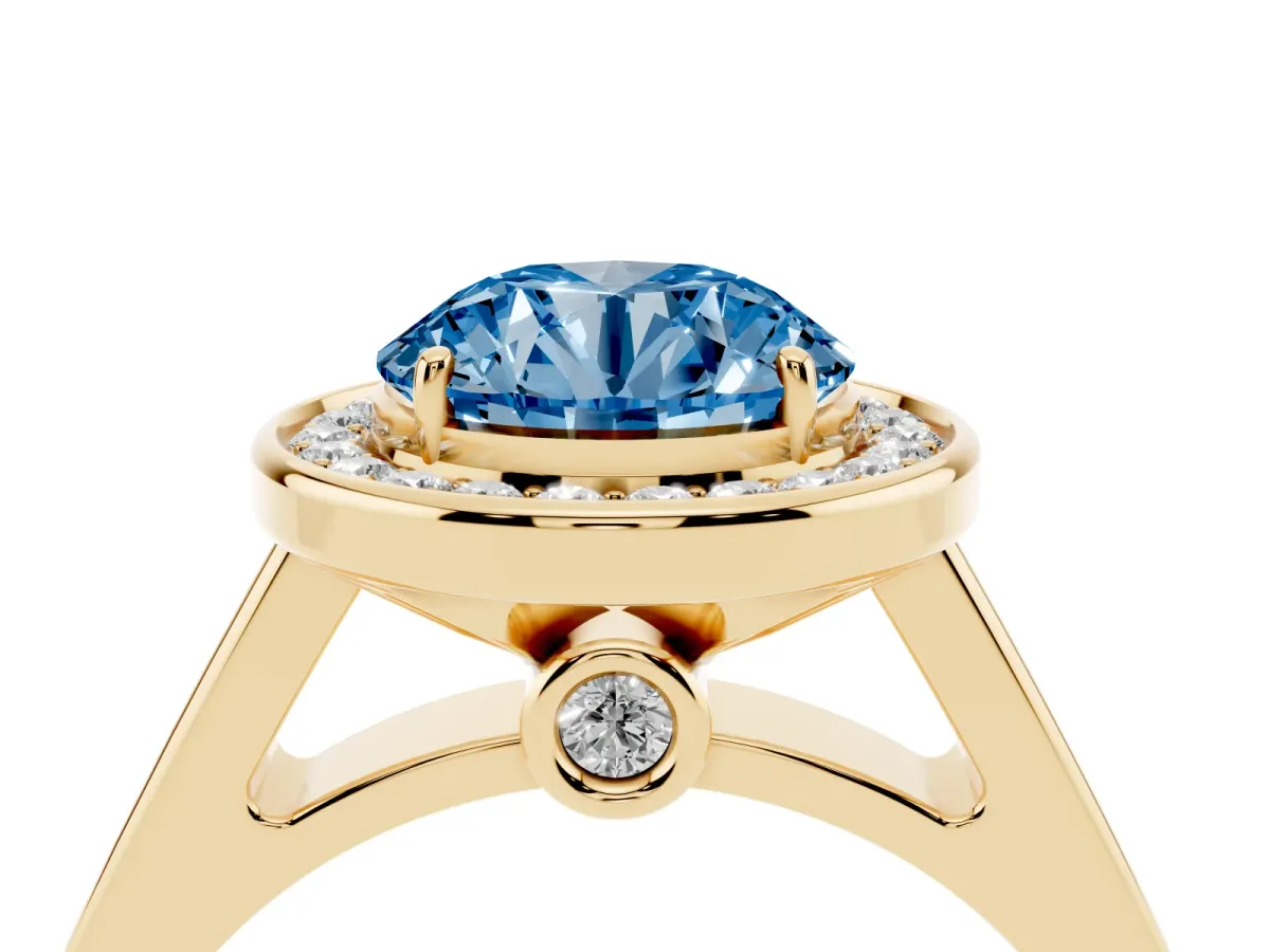 Fancy Blue Round Cut Halo Solitaire Diamond Ring with Pave Band and Bezel Setting Yellow gold