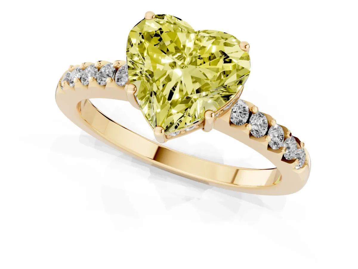 Fancy Yellow Heart Cut Solitaire Diamond Engagement Ring with Pavé Band and Six-Prong Setting Yellow gold