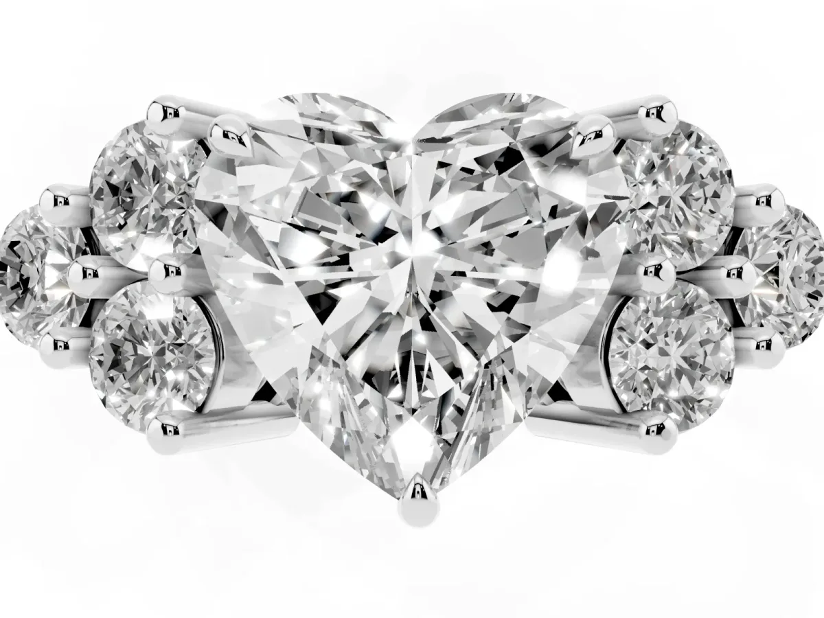Heart Cut Brilliant Diamond Cluster Accent Solitaire Ring with Prong Setting Platinum