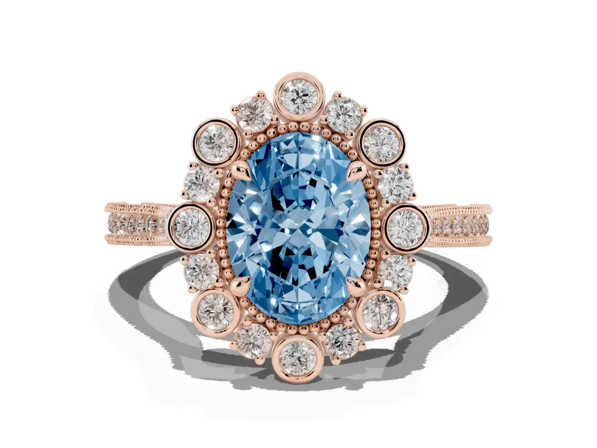 Fancy Blue Oval Cut Halo Milgrain Pave Diamond Ring with Four-Prong Setting Rose gold