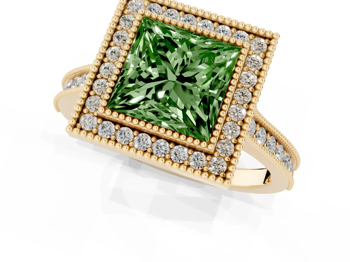 Fancy Green Halo Princess Cut-Cut Diamond Pave Band Milgrain Prong Setting Ring Yellow gold