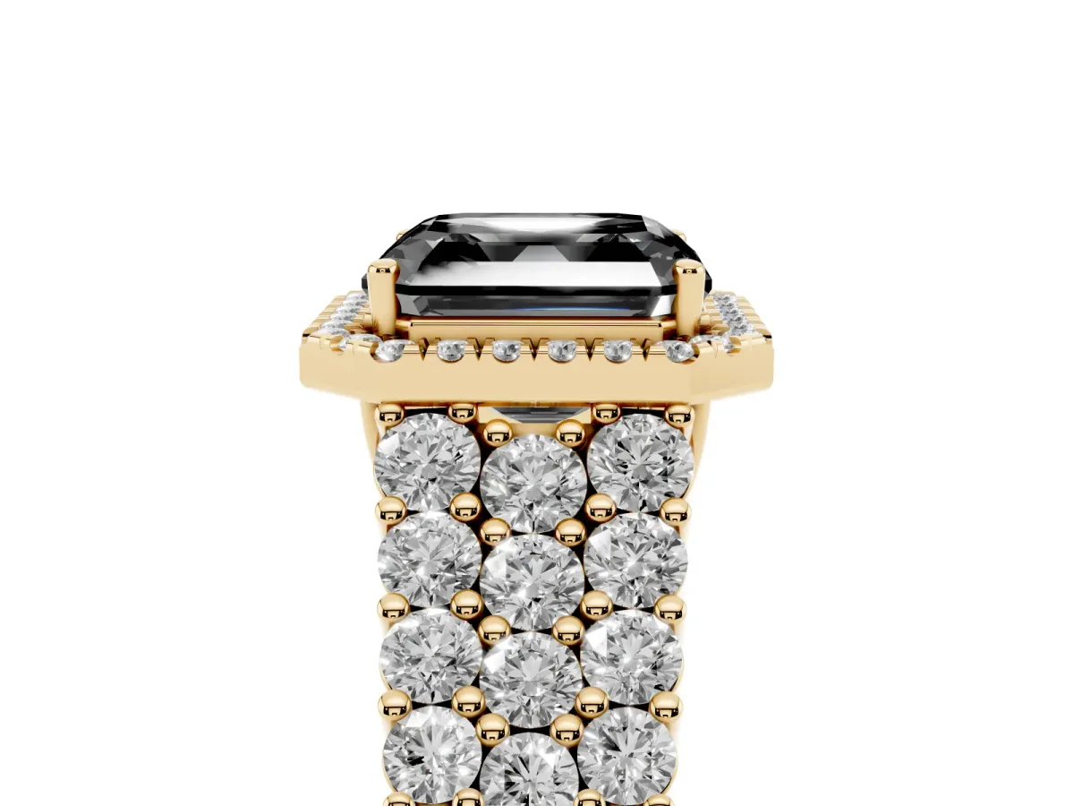 Fancy Black Asscher Cut Diamond Halo Engagement Ring with Triple Row Round Pavé Band and Prong Setting Yellow gold