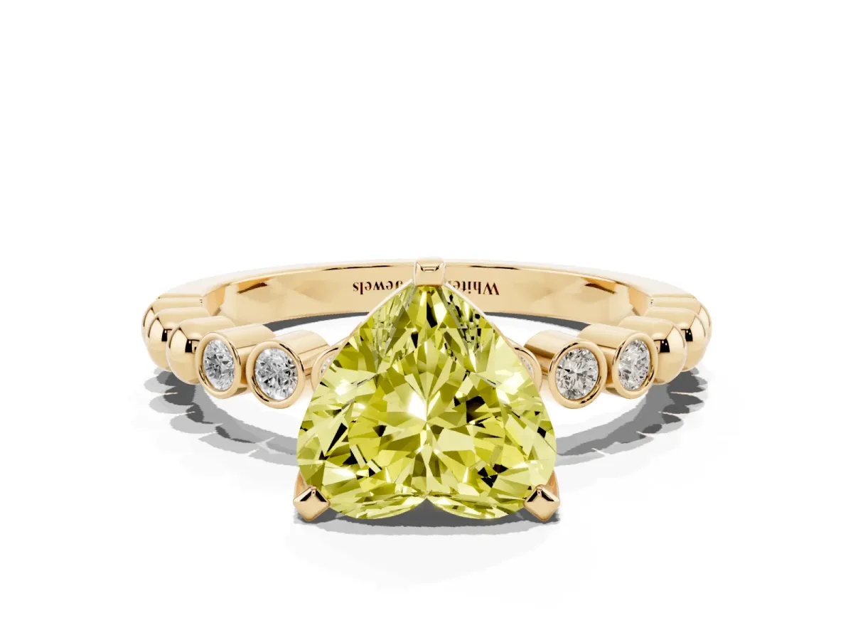 Fancy Yellow Heart Cut Solitaire Bezel Accent Diamond Engagement Ring with Beaded Band and Four-Prong Setting Yellow gold