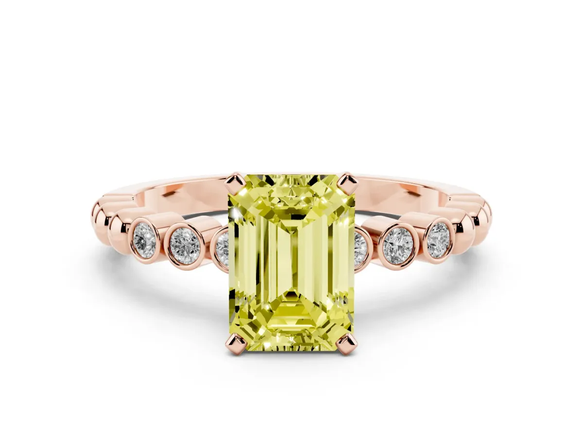 Fancy Yellow Emerald Cut Solitaire Bezel Accent Diamond Engagement Ring with Beaded Band and Four-Prong Setting Rose gold