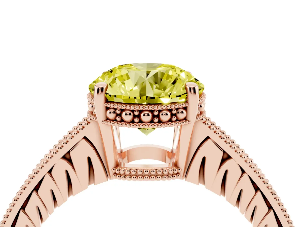 Fancy Yellow Round Cut Solitaire Pavé Diamond Milgrain Engagement Ring with Four-Prong Setting Rose gold