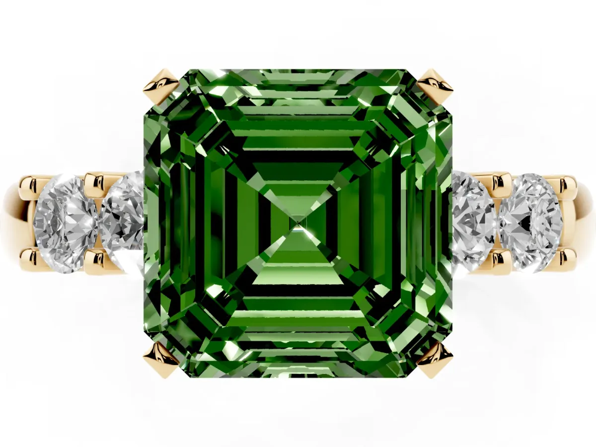 Fancy Green Asscher Cut Brilliant Cut Diamond Five-Stone Prong Set Engagement Ring with Channel Band Yellow gold