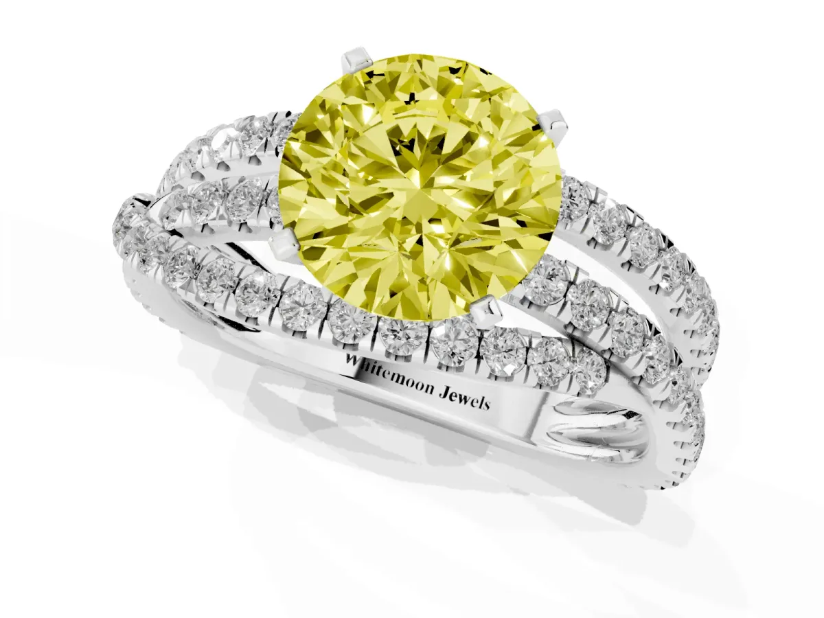 Fancy Yellow Round Cut Solitaire Twist Band with Pavé Setting and Four-Prong Setting Silver