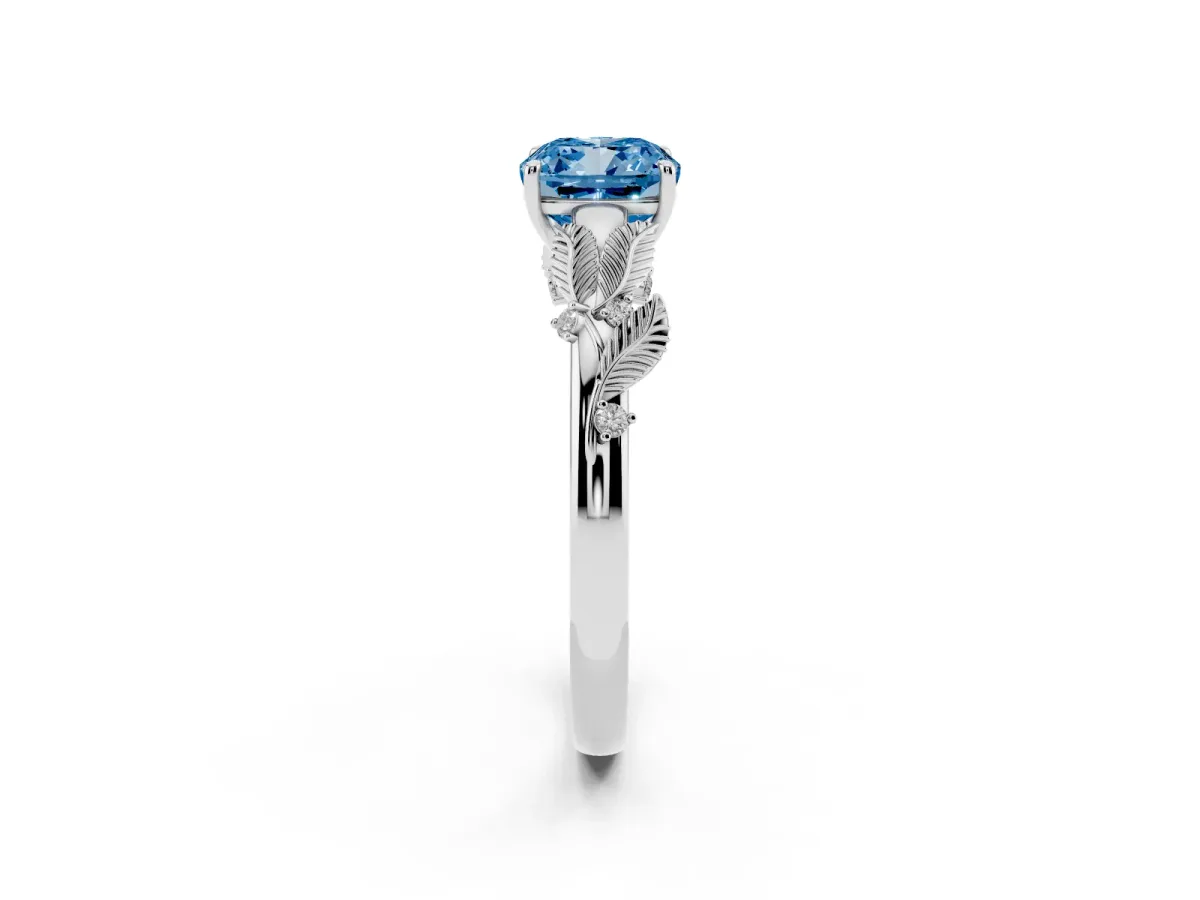 Fancy Blue Cushion Cut Diamond Solitaire Ring with Leaf Motif Band and Four-Prong Setting Silver