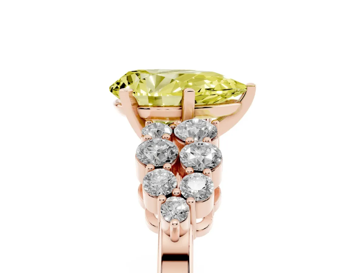 Fancy Yellow Pear Cut Cluster Diamond Engagement Ring with Pavé Band and Four-Prong Setting Rose gold