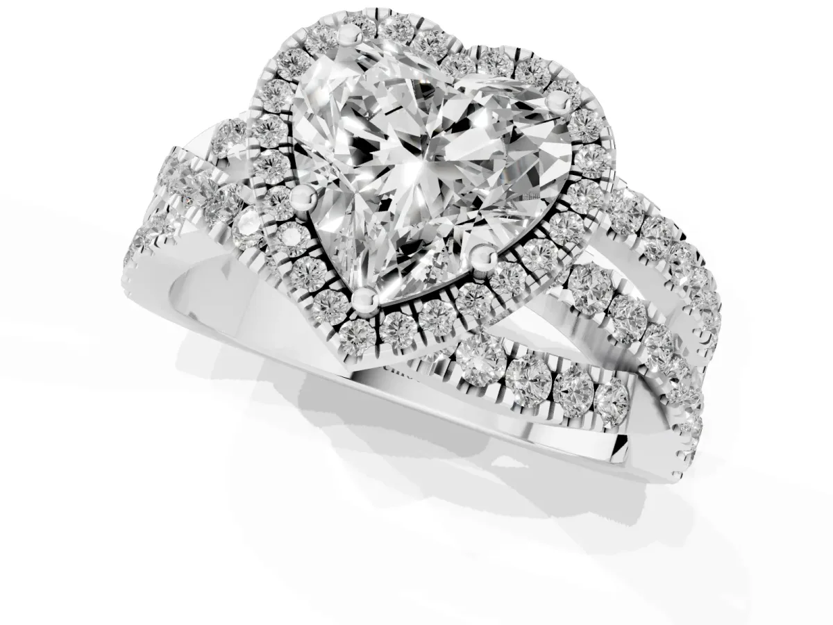 Heart Cut Diamond Halo Ring with Round Split Shank and Prong Setting White gold