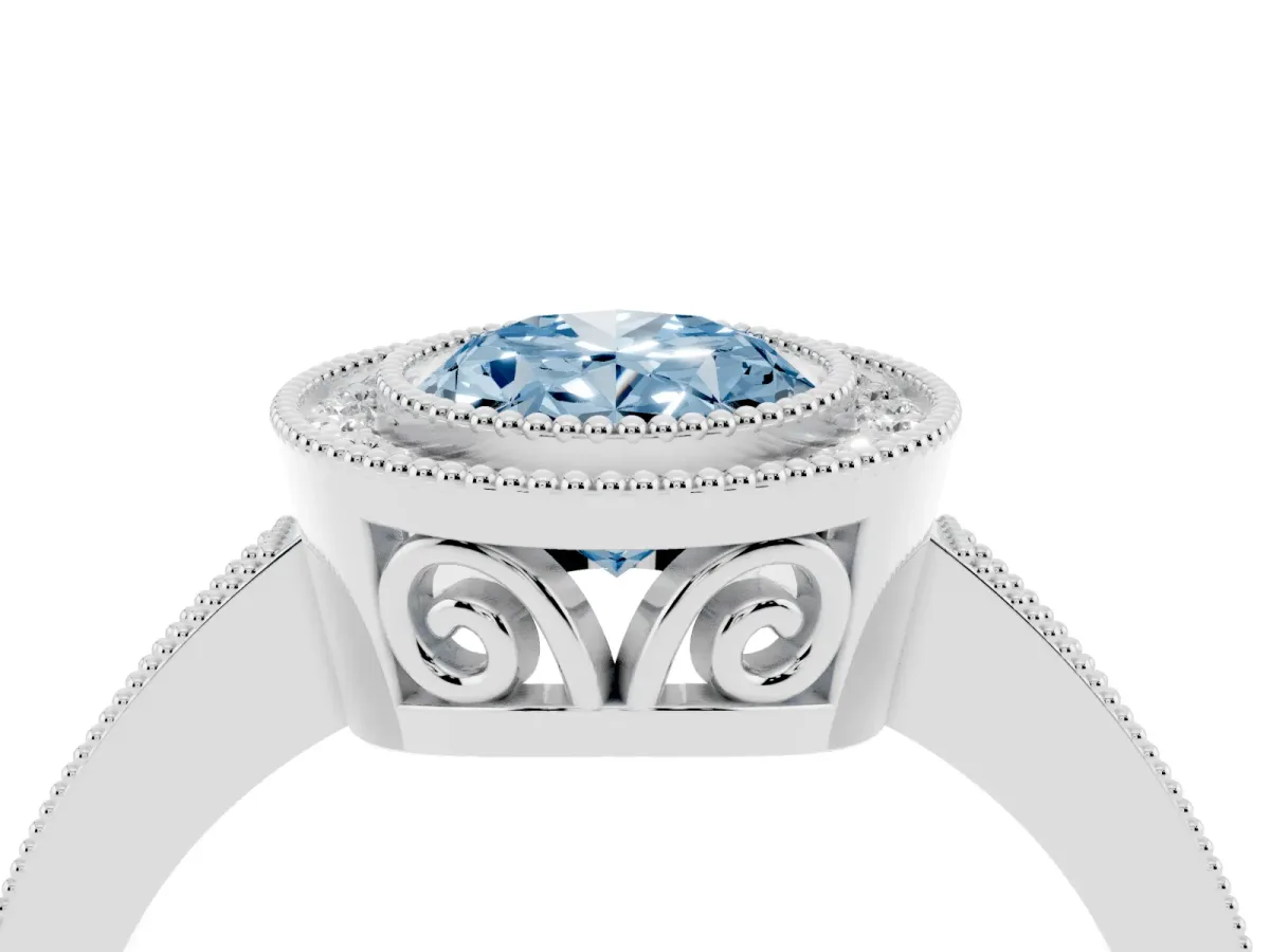Fancy Blue Oval Cut Cut Halo Diamond Ring with Pavé Band and Milgrain Prong Setting Silver