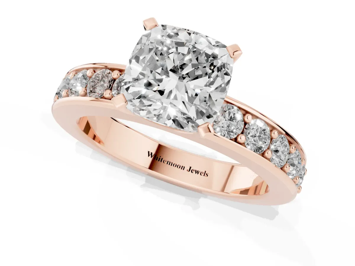 Cushion Cut Diamond Engagement Ring with Channel Set Round Band and Prong Setting Rose gold