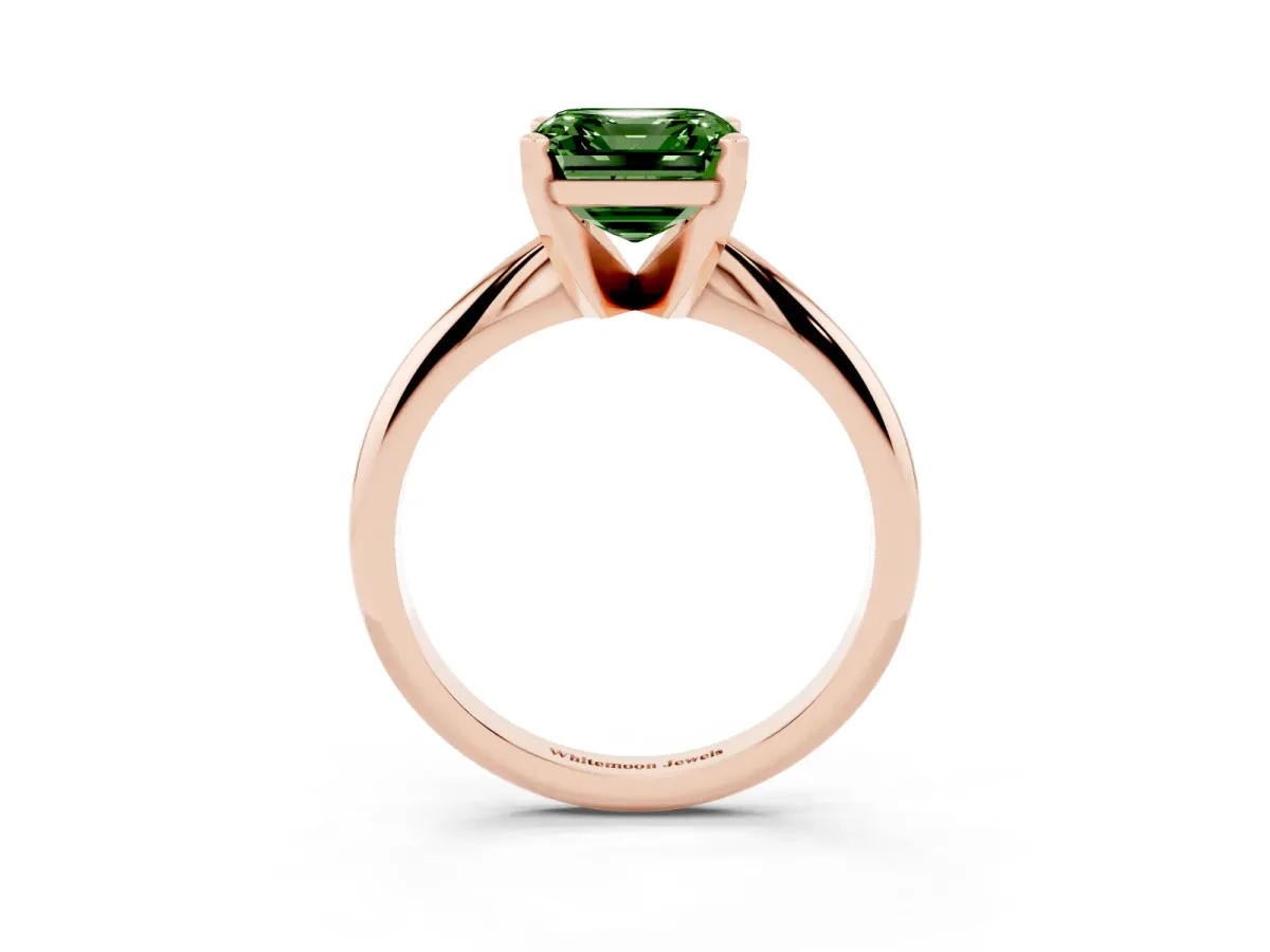 Fancy Green Asscher Cut Cut Solitaire Ring with Four-Prong Setting on a Classic Band Rose gold