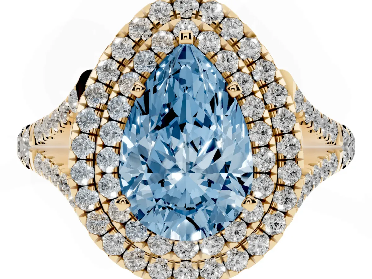 Fancy Blue Pear Cut Cut Double Halo Split Shank Diamond Ring with Prong Setting Yellow gold
