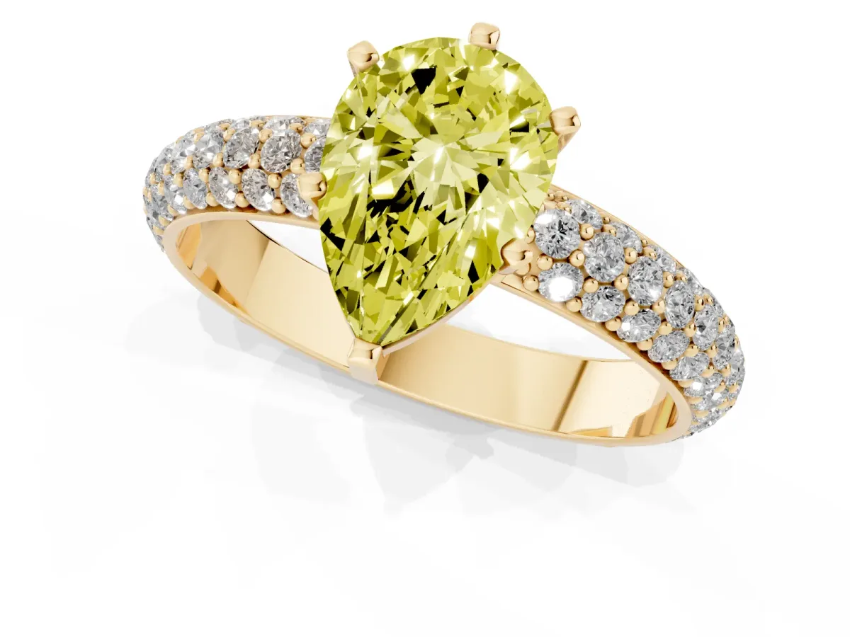 Fancy Yellow Pear Cut Diamond Solitaire Ring with Prong Setting and Pavé Band Yellow gold