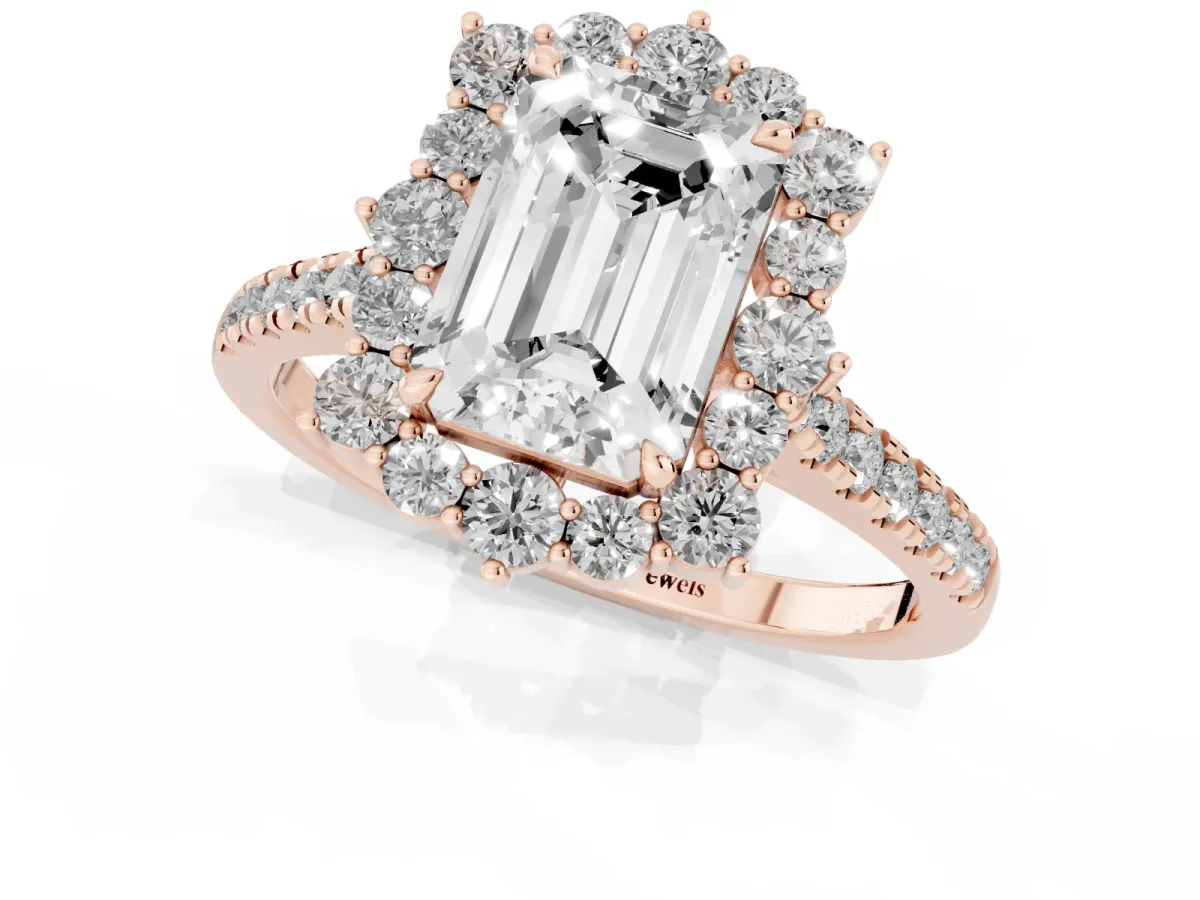 Emerald Cut Halo Diamond Ring with Pavé Band and Prong Setting Rose gold
