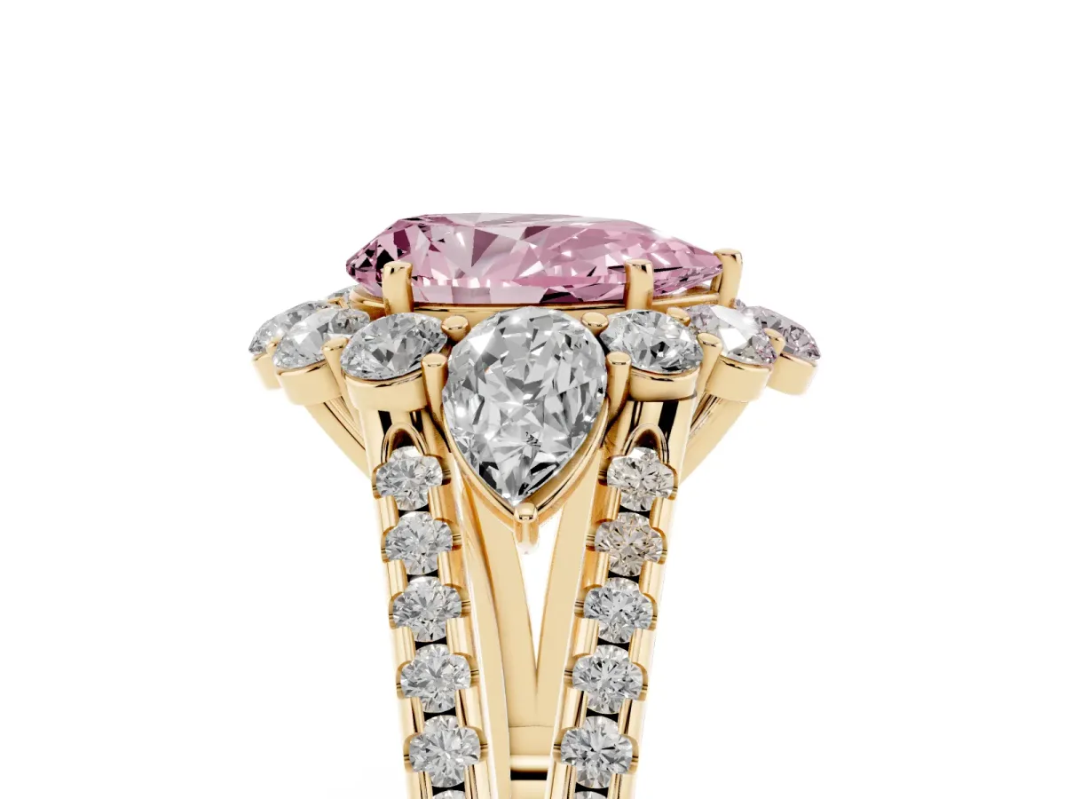 Fancy Pink Pear Cut Halo Split Shank Diamond Engagement Ring with Prong Setting Yellow gold