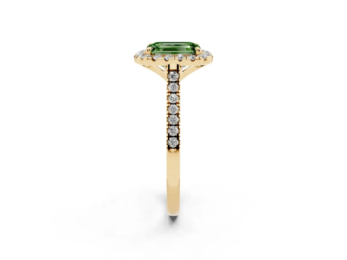 Fancy Green Emerald Cut Diamond Cushion Halo Ring with Pavé Band Yellow gold