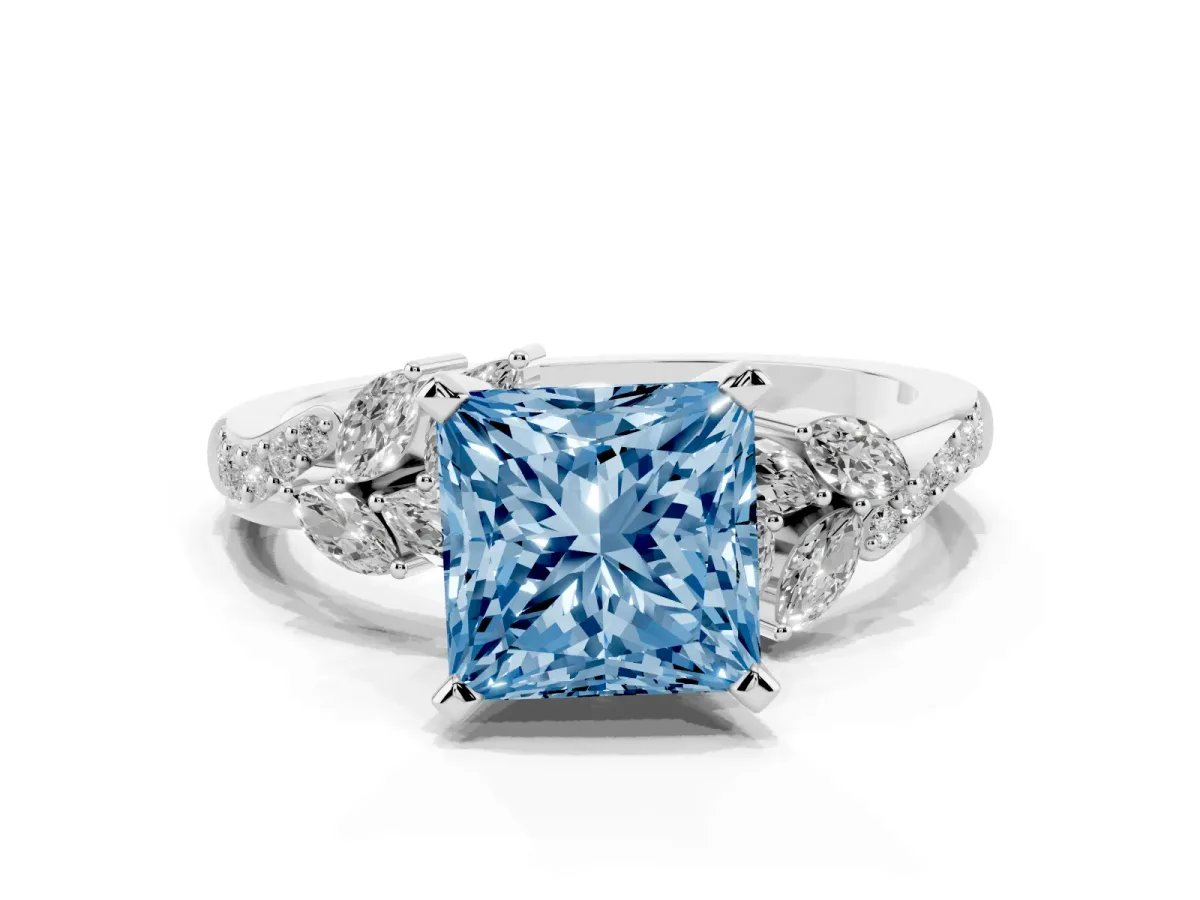 Fancy Blue Princess Cut Solitaire Marquise Twist Band with Six-Prong Setting Silver