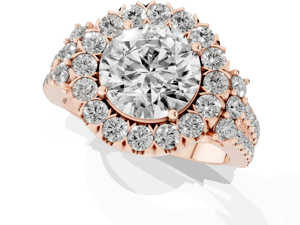 Round Cut Cut Double Halo Diamond Engagement Ring with Pave Band and Four-Prong Setting Rose gold