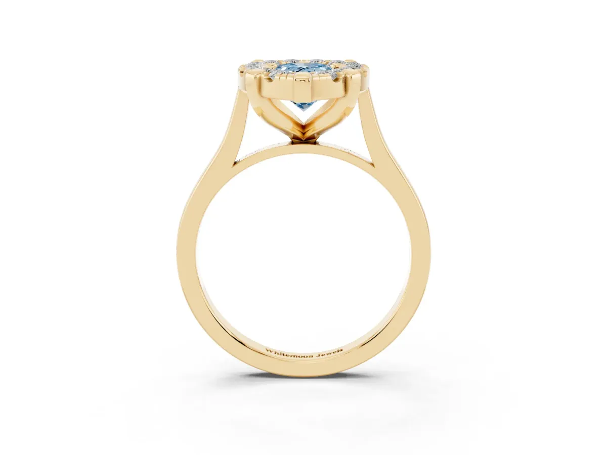 Fancy Blue Pear Cut Diamond Cluster Halo Solitaire with Four-Prong Setting Yellow gold