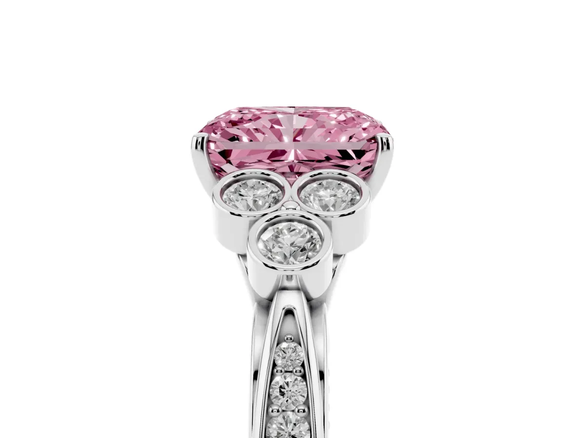 Fancy Pink Radiant Cut Cut Diamond Engagement Ring with Bezel Set Round Side Stones and Prong Setting Silver