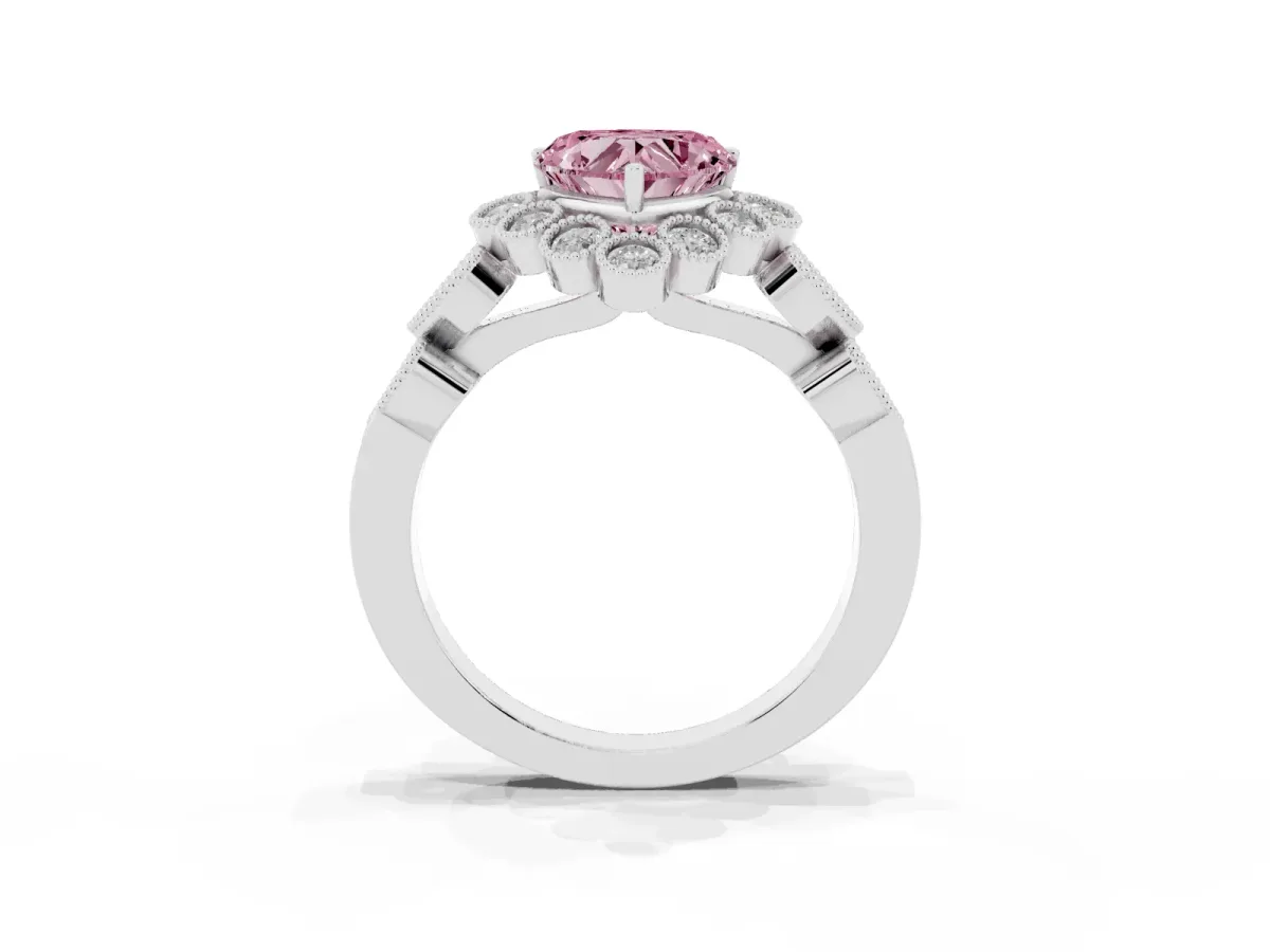 Fancy Pink Heart Cut Brilliant Milgrain Pave Heart Band Solitaire Ring Silver