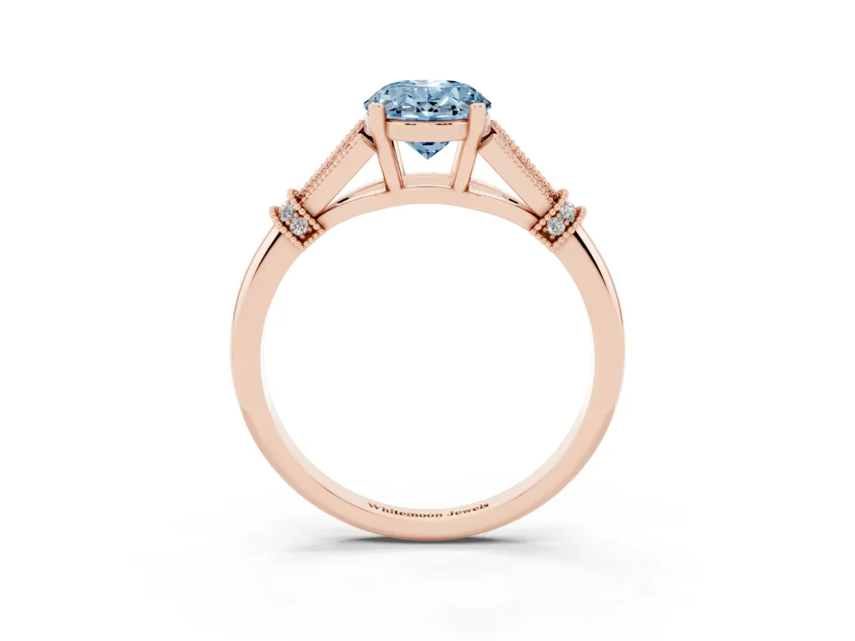 Fancy Blue Oval Cut Diamond Solitaire Ring with Floral Filigree and Pave Accents Rose gold