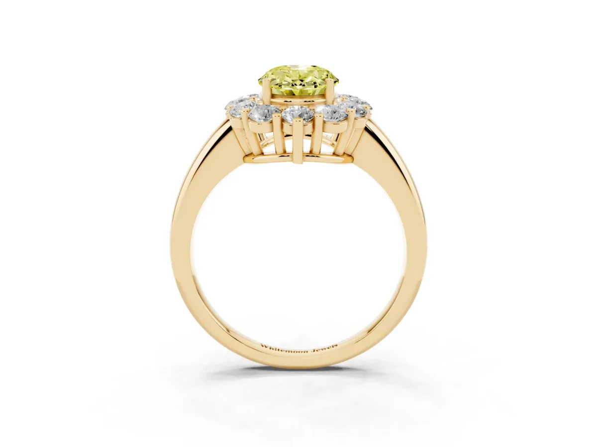Fancy Yellow Oval Cut Halo Cluster Diamond Engagement Ring with Prong Setting and Polished Band Yellow gold
