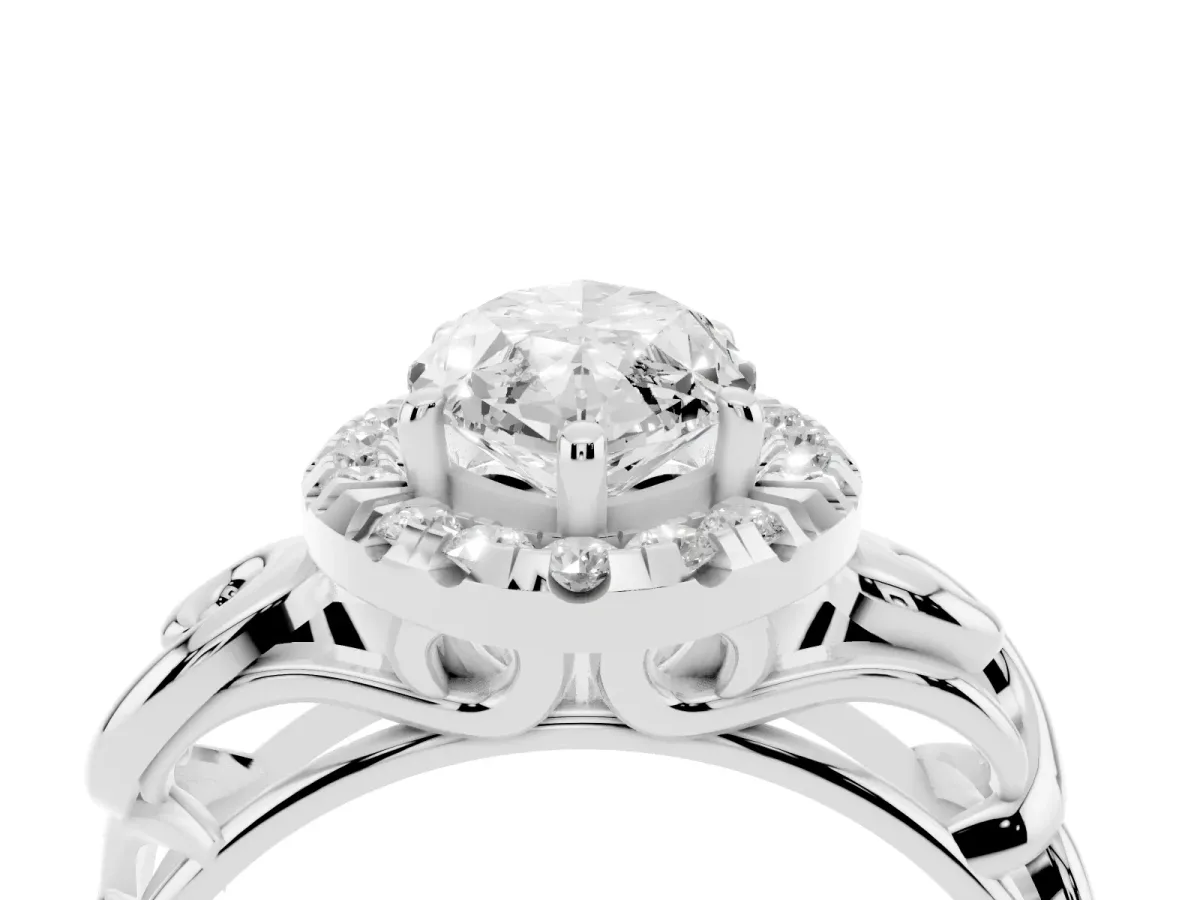 Marquise Cut Cut Halo Diamond Ring with Scrollwork Band and Four-Prong Setting Silver