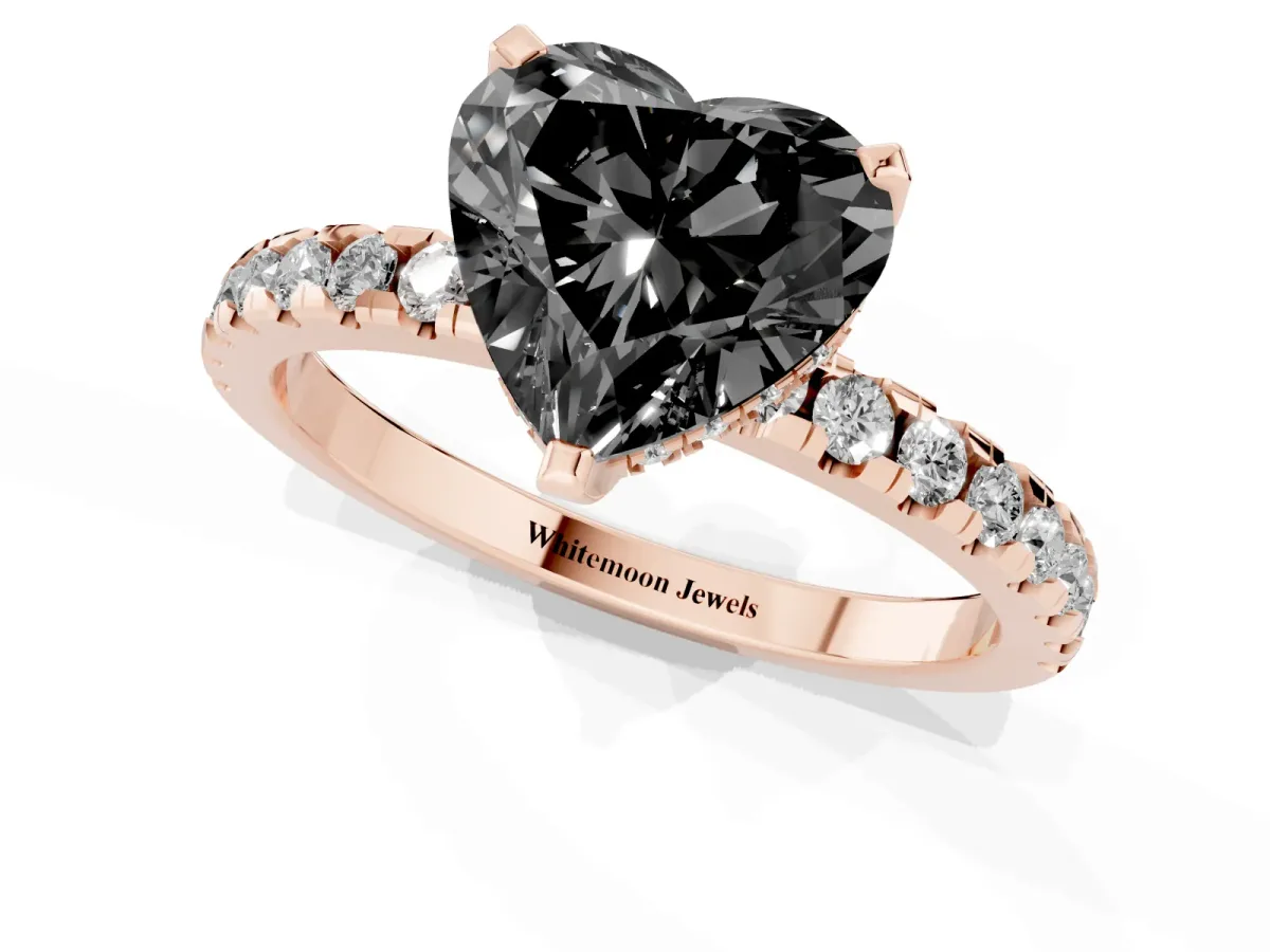 Fancy Black Heart Cut Diamond Solitaire Ring with Round Pavé Band and Four-Prong Setting Rose gold