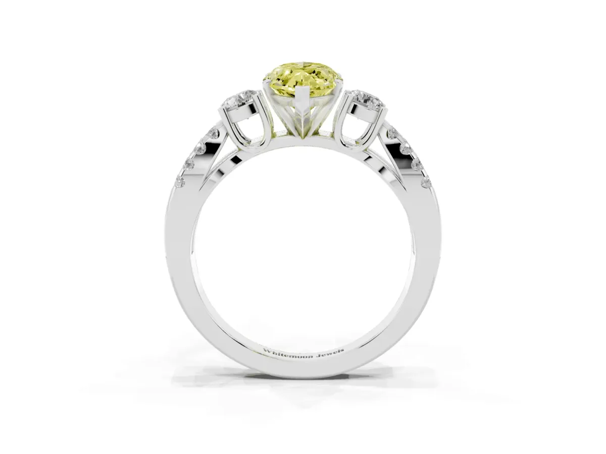Fancy Yellow Marquise Cut Diamond Three-Stone Ring with Pavé Split Shank and Four-Prong Setting Platinum