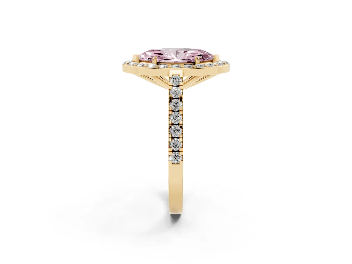 Fancy Pink Marquise Cut Diamond Halo Ring with Round Pavé Split Shank and Prong Setting Yellow gold