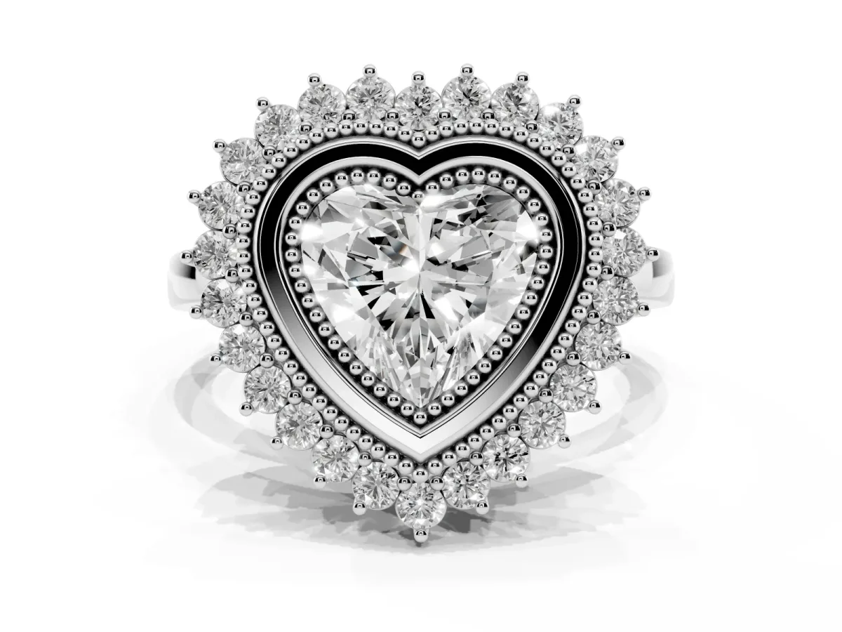 Heart Cut Halo Diamond Ring with Milgrain Edge and Round Prong Setting Silver