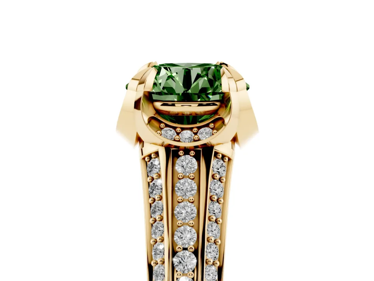 Fancy Green Round Cut Solitaire Pave Split Shank Ring with Four-Prong Setting Yellow gold
