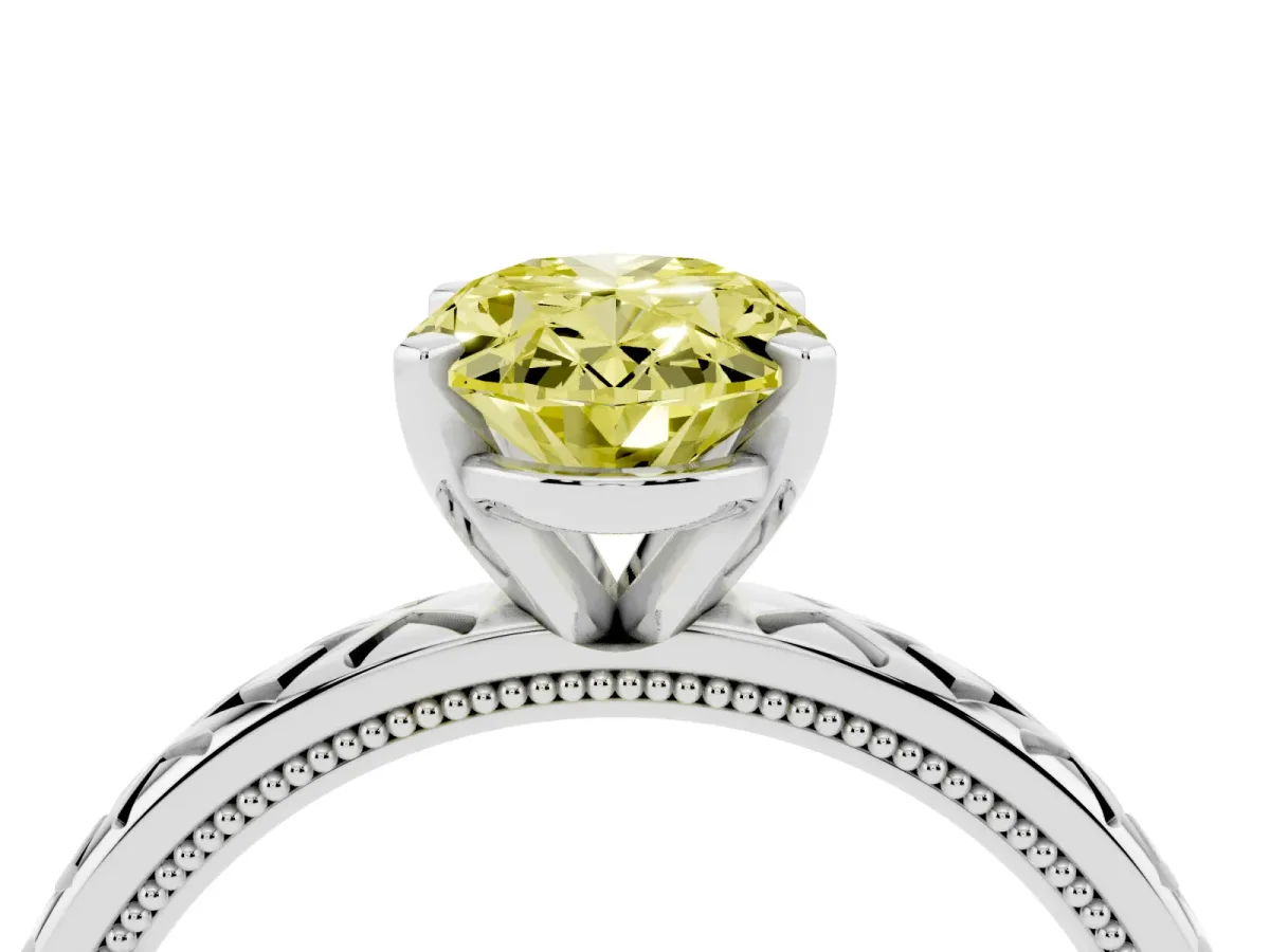 Fancy Yellow Oval Cut Solitaire Diamond Ring with Milgrain and Black Enamel X Pattern Band Silver