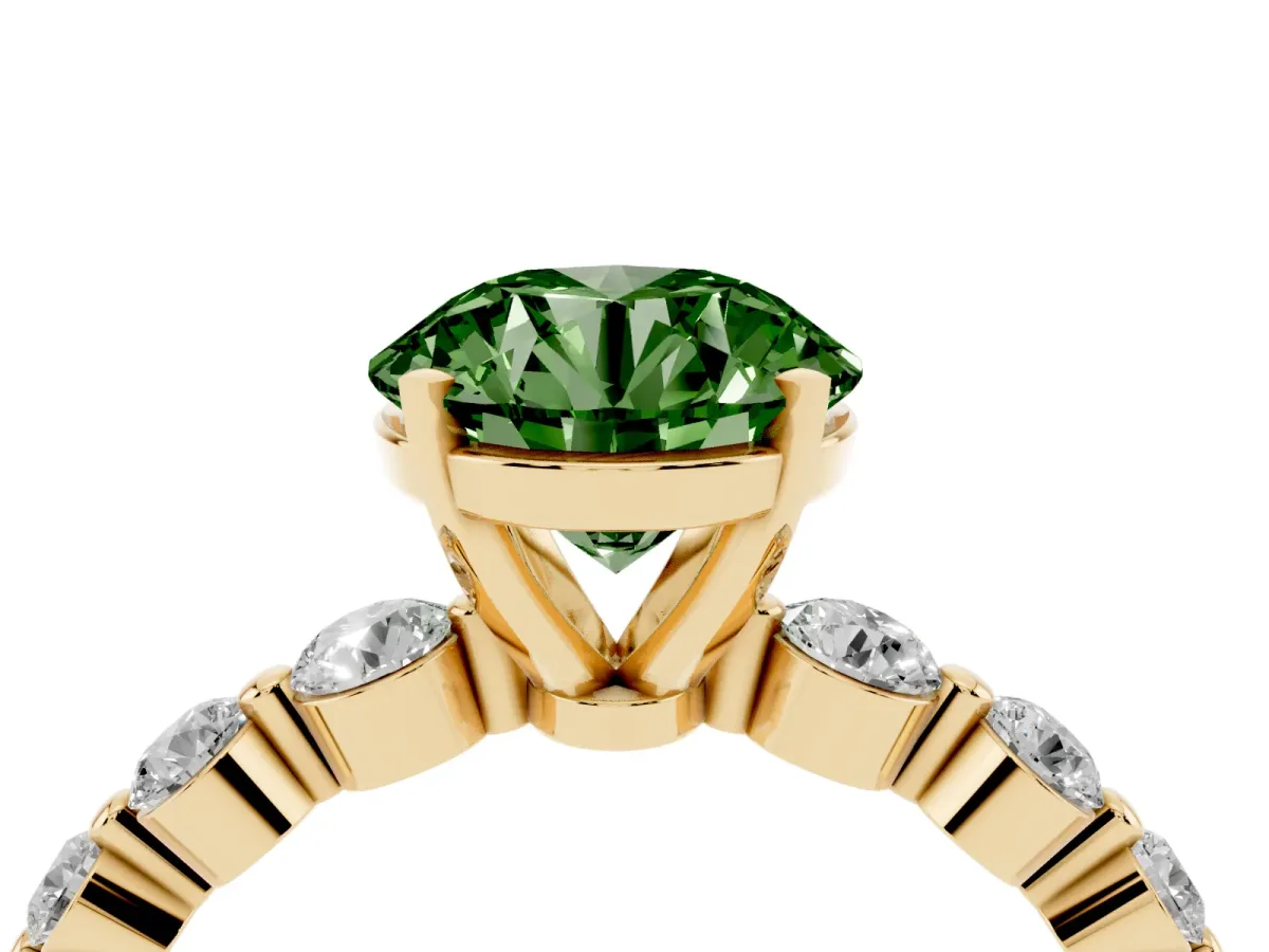 Fancy Green Round Cut Solitaire Diamond Ring with Pave Band and Four-Prong Setting Yellow gold