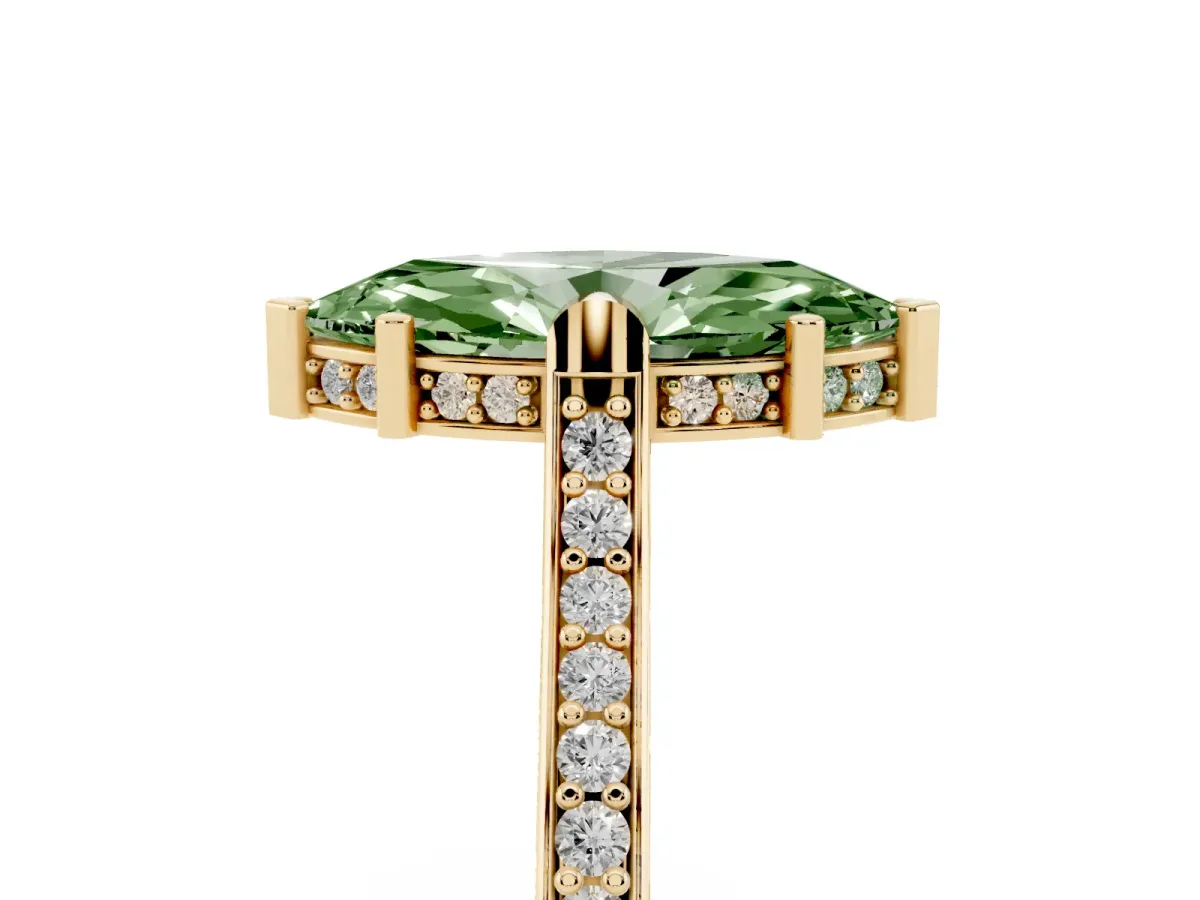 Fancy Green Marquise Cut Solitaire Diamond Ring with Channel Set Band and Bezel Prong Setting Yellow gold