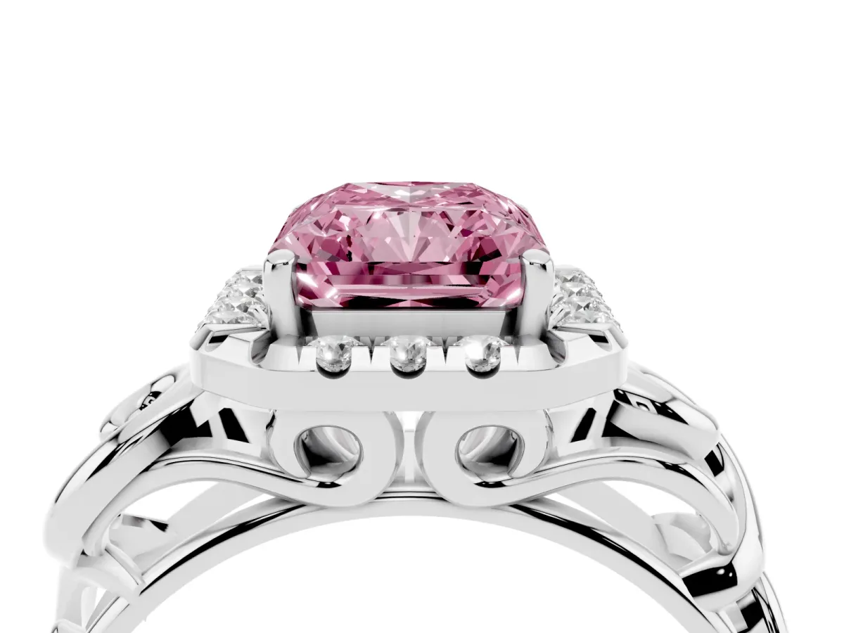 Fancy Pink Radiant Cut Cut Halo Diamond Ring with Scrollwork Band and Four-Prong Setting Silver