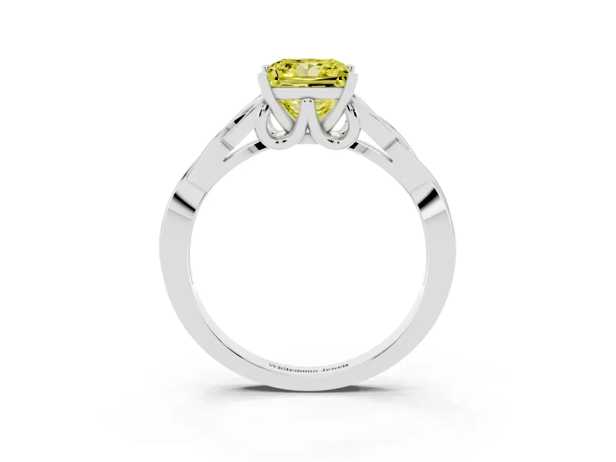 Fancy Yellow Princess Cut Diamond Solitaire Engagement Ring with Celtic Knot Band and Four-Prong Setting Silver