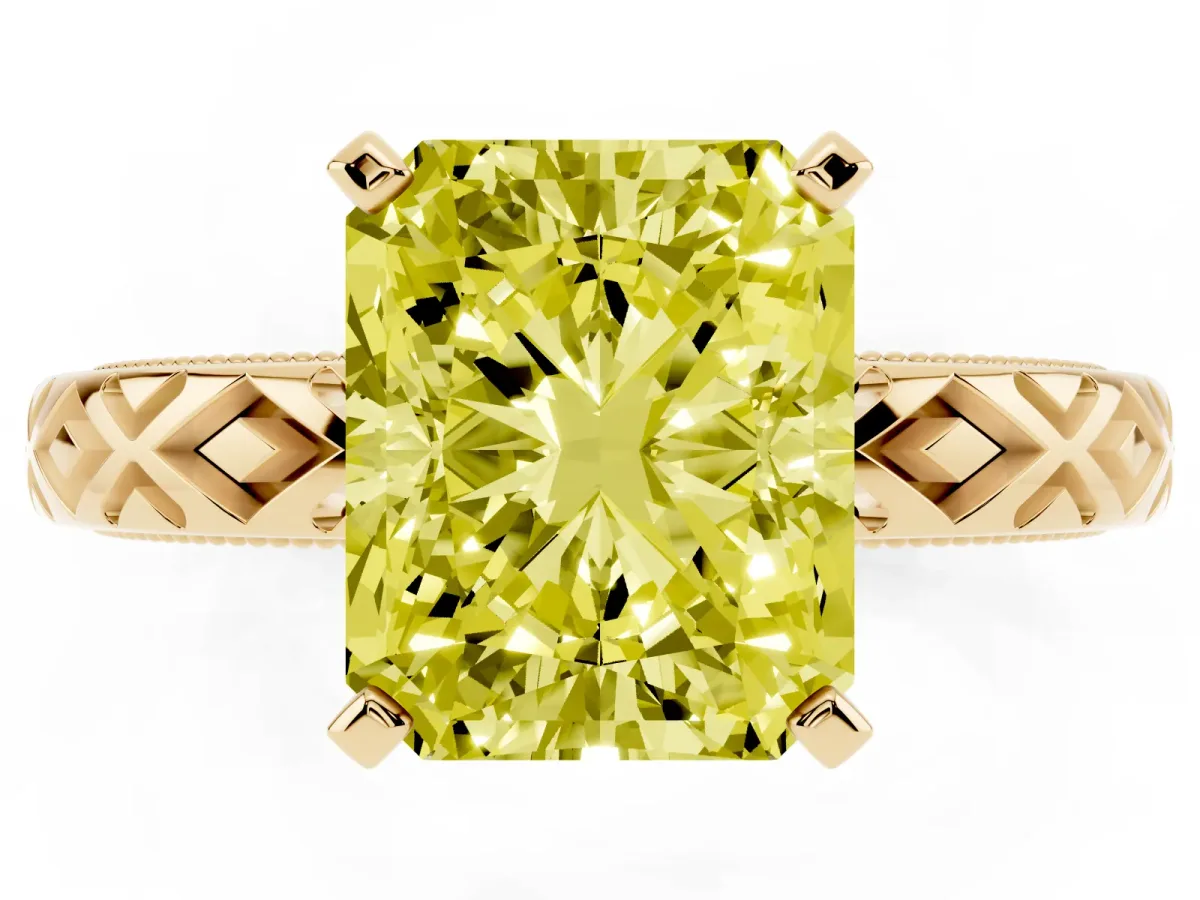 Fancy Yellow Radiant Cut Solitaire Diamond Ring with Milgrain and Black Enamel X Pattern Band Yellow gold