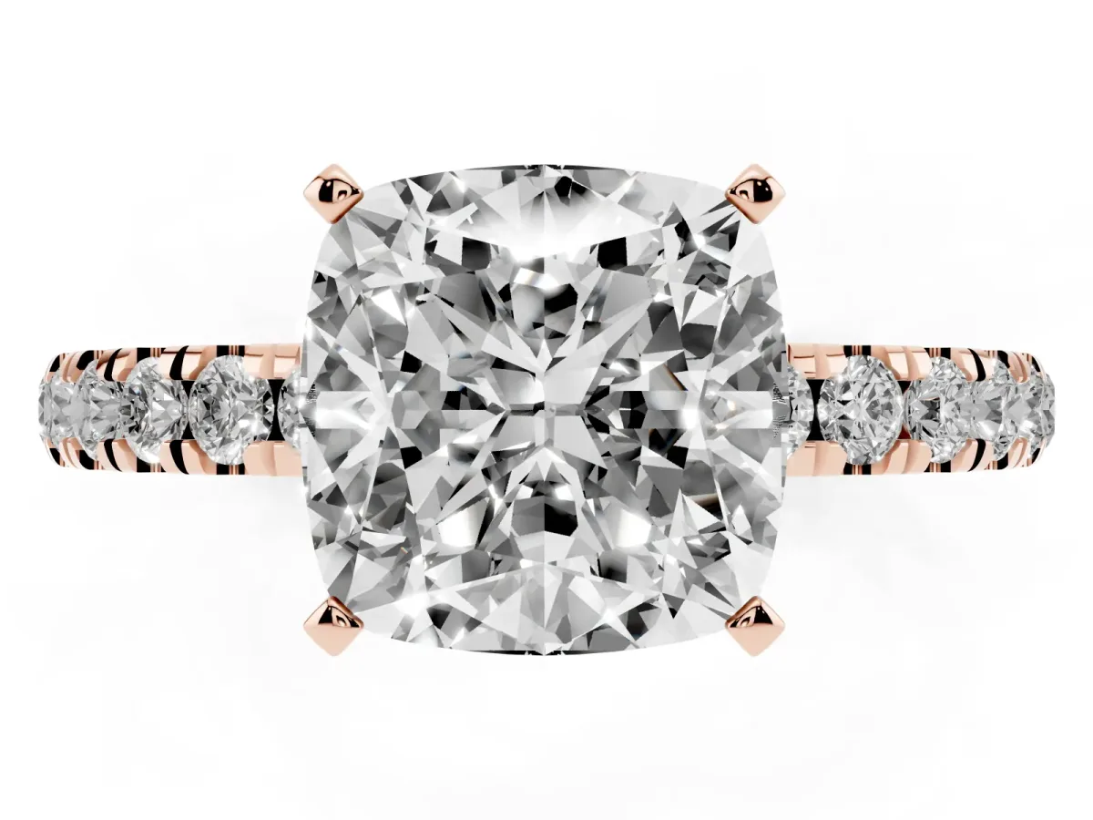 Cushion Cut Diamond Solitaire Ring with Pavé Accents and Four-Prong Setting Rose gold